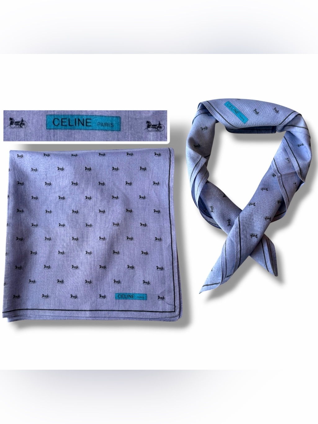 Celine Paris Periwinkle Blue Purple All-Over Iconic Carriage Micro Print Scarf